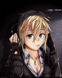 Rule 34 | 1girl, artist name, black gloves, black jacket, blonde hair, blue eyes, breasts, buttons, cigarette, cleavage, collarbone, collared shirt, dated, earrings, eru-sennin, eyebrows, fingerless gloves, gloves, gradient background, hair between eyes, headphones, highres, jacket, jewelry, long sleeves, looking to the side, md5 mismatch, medium breasts, mouth hold, necklace, original, parted lips, pendant, shirt, short hair, signature, simple background, solo, teeth, unzipped, upper body, white shirt