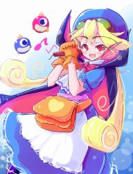 Rule 34 | 1girl, apron, bag, blonde hair, blue hat, bow, cape, commentary request, curly hair, dress, fang, gloves, goggles, goggles on head, hat, long hair, marivel armitage, pointy ears, red eyes, ribbon, smile, vampire, wild arms, wild arms 2