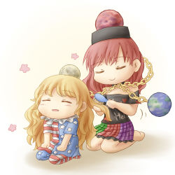 Rule 34 | 2girls, american flag dress, american flag legwear, barefoot, blonde hair, blush, brushing hair, chain, chibi, chikopudding, choker, closed eyes, clothes writing, clownpiece, earth (ornament), flower, frilled skirt, frills, hair brush, hands on own thighs, hecatia lapislazuli, long hair, moon (ornament), multicolored clothes, multicolored skirt, multiple girls, no headwear, off shoulder, pantyhose, parted lips, red hair, seiza, shirt, simple background, sitting, skirt, smile, striped clothes, striped pantyhose, t-shirt, touhou, white background