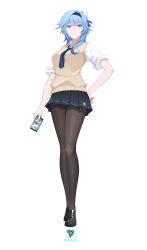 Rule 34 | 1girl, absurdres, alternate costume, artist name, black footwear, black pantyhose, blue eyes, blue hairband, blue necktie, cellphone, closed mouth, collared shirt, commentary request, diagonal-striped clothes, diagonal-striped necktie, eula (genshin impact), full body, genshin impact, hairband, hand on own hip, highres, holding, holding phone, kazezz, loafers, long hair, looking at viewer, necktie, pantyhose, phone, pleated skirt, purple eyes, shirt, shoes, simple background, skirt, smartphone, solo, striped clothes, sweater vest, vest, white background, white shirt, yellow vest