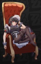 Rule 34 | 1girl, absurdres, apron, black dress, black hair, black pantyhose, breasts, chair, commentary request, dress, ellen joe, full body, hanfeng maho, highres, looking at viewer, maid, maid headdress, multicolored hair, no shoes, pantyhose, puffy sleeves, red eyes, red hair, red nails, short hair, short sleeves, sitting, solo, wrist cuffs, zenless zone zero