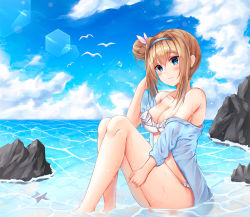 Rule 34 | 1girl, animal, armpit crease, ass, bare shoulders, bikini, bird, blonde hair, blue eyes, blue jacket, blue sky, blush, breasts, caustics, cleavage, closed mouth, cloud, cloudy sky, collarbone, day, fish, flock, frilled bikini, frills, frown, girls&#039; frontline, glint, hair bun, hair intakes, hair ornament, hairband, horizon, jacket, knees up, lens flare, light particles, lkeris, long hair, looking at viewer, medium breasts, ocean, off shoulder, official alternate costume, outdoors, partially submerged, rock, see-through, short sleeves, side bun, sidelocks, single hair bun, single side bun, sitting, sky, solo, starfish, sunlight, suomi (girls&#039; frontline), suomi (midsummer pixie) (girls&#039; frontline), swimsuit, thighs, water, wet, white bikini