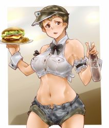 Rule 34 | 1girl, armband, black hat, black shorts, bottle, bow, bowtie, brown eyes, brown hair, burger, casual, collared shirt, commentary request, cowboy shot, denim, denim shorts, emblem, food, freckles, frilled armband, frills, girls und panzer, halterneck, hat, highres, holding, holding bottle, holding plate, looking at viewer, micro shorts, midriff, naomi (girls und panzer), navel, open fly, open mouth, outside border, plate, saunders (emblem), shirt, short hair, shorts, smile, soda bottle, solo, standing, suzuki no m, tied shirt, very short hair, visor cap, white shirt, wing collar, wrist cuffs