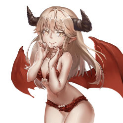 Rule 34 | 1girl, player character (mabinogi), bad id, bad pixiv id, blonde hair, bow, bow bra, bow panties, bra, demon girl, demon horns, demon wings, frilled bra, frilled panties, frills, ghostas, heart, heart-shaped pupils, highres, horns, long hair, looking at viewer, mabinogi, panties, red bra, red panties, red wings, smile, solo, succubus (mabinogi), symbol-shaped pupils, underwear, white background, wings, yellow eyes