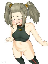 Rule 34 | 1girl, absurdres, belly, blush, bottomless, embarrassed, highres, largemilk, navel, nipples, pubic hair, pussy, shania (xenoblade), signature, simple background, smile, twintails, white background, xenoblade chronicles (series), xenoblade chronicles 3