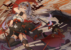 Rule 34 | 1girl, absurdres, axe, bare shoulders, bat (animal), black dress, black gloves, black panties, black thighhighs, breasts, dress, expressionless, flamenco dress, floaitng hair, floating, floating object, floating weapon, flower, garter straps, gloves, grey hair, hair flower, hair ornament, highres, holding, holding axe, holding sword, holding weapon, honkai (series), honkai impact 3rd, kray. (k-ray), leg up, long hair, looking at viewer, medium breasts, panties, rapier, red eyes, red flower, red rose, rose, sidelocks, sleeveless, sleeveless dress, solo, sword, theresa apocalypse, theresa apocalypse (luna kindred), thighhighs, torn clothes, torn thighhighs, twintails, underwear, weapon, wind