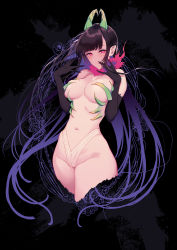 Rule 34 | 1girl, ane naru mono, bare shoulders, black background, black gloves, black hair, blunt bangs, breasts, chiyo (ane naru mono), commentary, cropped legs, demon girl, elbow gloves, fur collar, gloves, hands up, highleg, highres, horizontal pupils, horns, large breasts, long hair, looking at viewer, mole, mole under eye, navel, pochi (pochi-goya), pointy ears, red eyes, simple background, smile, solo, stomach, very long hair