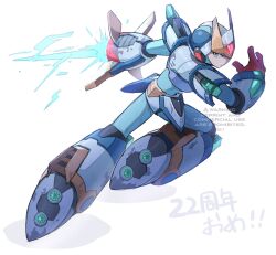 Rule 34 | 1boy, arm blade, arm cannon, armor, blade armor x (mega man), blue eyes, blue headwear, commentary request, energy sword, forehead jewel, from behind, glowing, helmet, highres, looking at viewer, mega man (series), mega man x (series), shoulder armor, simple background, solo, swinging, sword, tanaka (is2 p), watermark, weapon, white armor, white background, white footwear, white headwear, x (mega man)