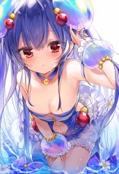 Rule 34 | 1girl, :o, blue hair, blush, bow, breasts, cleavage, commentary request, detached sleeves, emia (castilla), flower, flower on liquid, frilled skirt, frills, hair between eyes, hair ornament, hand on own thigh, hand on thigh, highres, leaning forward, long hair, looking at viewer, navel, noa (shironeko project), parted lips, puffy short sleeves, puffy sleeves, purple bow, red eyes, see-through, see-through sleeves, shironeko project, short sleeves, skirt, small breasts, solo, standing, transparent, two side up, very long hair, wading, water, wet, wet hair, white background, white flower, white skirt