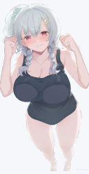 Rule 34 | 1girl, blush, braid, breasts, cleavage, clenched teeth, foreshortening, full-face blush, grey hair, hair ornament, hairclip, highres, large breasts, long hair, looking at viewer, original, red eyes, school swimsuit, solo, swimsuit, tadano comina, teeth, twin braids, white background