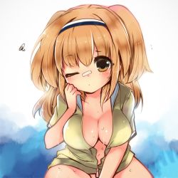 Rule 34 | 10s, bandaid, bandaid on face, breasts, brown eyes, cleavage, coat, hairband, i-26 (kancolle), kamiyoshi rika, kantai collection, large breasts, light brown hair, long hair, naked coat, one eye closed, sailor collar, short sleeves, solo, two-tone hairband, two side up
