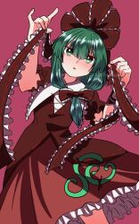 Rule 34 | 1girl, ahodemoaru, bow, dress, frilled dress, frills, green eyes, green hair, highres, kagiyama hina, looking at viewer, one-hour drawing challenge, pink background, red bow, red dress, red ribbon, ribbon, solo, touhou