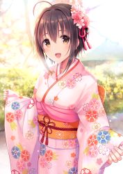 Rule 34 | 1girl, :d, ahoge, blurry, blurry background, blush, brown eyes, brown hair, commentary request, day, depth of field, fingernails, floral print, flower, hair between eyes, hair flower, hair ornament, head tilt, highres, idolmaster, idolmaster cinderella girls, japanese clothes, kimono, kohinata miho, long sleeves, looking at viewer, obi, open mouth, outdoors, pinching sleeves, pink flower, pink kimono, print kimono, sash, sleeves past wrists, smile, solo, u rin, wide sleeves
