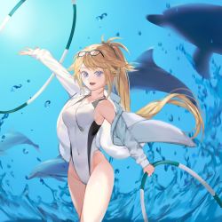 Rule 34 | 1girl, arm up, bad id, bad pixiv id, blonde hair, blue eyes, competition swimsuit, covered navel, cowboy shot, dolphin, eyewear on head, fate/grand order, fate (series), highleg, highleg swimsuit, highres, hoop, jacket, jeanne d&#039;arc (fate), jeanne d&#039;arc (ruler) (fate), jeanne d&#039;arc (swimsuit archer) (fate), jeanne d&#039;arc (swimsuit archer) (second ascension) (fate), long hair, looking at viewer, one-piece swimsuit, open clothes, open jacket, quarter 1404, solo, swimsuit, whistle, whistle around neck, white jacket, white one-piece swimsuit