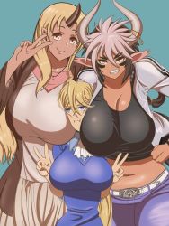 Rule 34 | 10s, 3girls, animal ears, between breasts, blonde hair, breast smother, breasts, cathyl, centorea shianus, cow girl, dark-skinned female, dark skin, face to breasts, female focus, gigantic breasts, grin, head between breasts, horns, huge breasts, imaani, looking at viewer, midriff, monster girl, monster musume no iru nichijou, multiple girls, navel, size difference, smile, standing, tionishia, towering, v