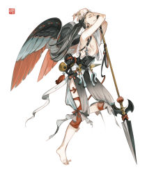 Rule 34 | 1boy, abs, arms up, bird wings, black hair, brown eyes, earrings, fantasy, full body, jewelry, long hair, male focus, original, planted, polearm, ponytail, ring, sideways glance, simple background, spear, standing, standing on one leg, weapon, white background, wings, zzinp