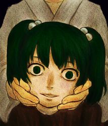 Rule 34 | 1girl, collarbone, green eyes, green hair, hair bobbles, hair ornament, kisume, looking at viewer, matching hair/eyes, open mouth, severed head, short hair, smile, solo, sugawarano, touhou, twintails, yandere trance