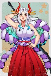 Rule 34 | 1girl, absurdres, ahoge, aqua hair, arm up, armpits, artist name, bare arms, bare shoulders, blush, border, breasts, closed mouth, club, club (weapon), curled horns, earrings, fingernails, green hair, hair ornament, hair stick, hakama, hakama skirt, hand on own hip, highres, holding, holding weapon, horns, japanese clothes, jewelry, kanabou, kimono, large breasts, lips, long hair, looking at viewer, multicolored hair, multicolored horns, one piece, oni, orange eyes, orange horns, outside border, red hakama, red horns, rope, shimenawa, skirt, sleeveless, sleeveless kimono, solo, standing, taut clothes, v-shaped eyebrows, velvet queen h, very long hair, weapon, white border, yamato (one piece)