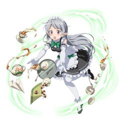 Rule 34 | 10s, 1girl, apron, black footwear, blush, bow, bowtie, cup, elbow gloves, falling, full body, gloves, green bow, green bowtie, leg up, long hair, maid, maid headdress, open mouth, pointy ears, purple eyes, seven (sao), shoes, silver hair, simple background, solo, spoon, sweatdrop, sword art online, teacup, thighhighs, very long hair, white apron, white background, white gloves, white thighhighs