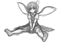 Rule 34 | 1girl, barefoot, bow, daiyousei, dress, fairy, fairy wings, feet, female focus, full body, greyscale, hair bow, highres, kuro suto sukii, monochrome, short hair, side ponytail, simple background, sketch, solo, toe scrunch, toes, touhou, v arms, white background, wings