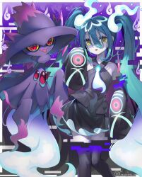 Rule 34 | 1girl, aqua hair, bare shoulders, black thighhighs, creatures (company), detached sleeves, game freak, gen 4 pokemon, ghost, ghost miku (project voltage), glitch, gradient hair, grey shirt, gunjou row, hair between eyes, hatsune miku, highres, long hair, mismagius, multicolored hair, necktie, nintendo, pale skin, pokemon, pokemon (creature), project voltage, see-through, see-through skirt, shirt, skirt, sleeves past fingers, sleeves past wrists, thighhighs, twintails, very long hair, vocaloid, will-o&#039;-the-wisp (mythology), yellow eyes