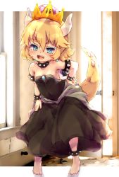 Rule 34 | 1girl, :d, anklet, armlet, bare shoulders, barefoot, black dress, blonde hair, blue eyes, bowsette, bracelet, brooch, collar, commentary request, crown, dress, earrings, full body, highres, horns, jewelry, kolshica, mario (series), new super mario bros. u deluxe, nintendo, open mouth, sharp teeth, smile, spiked anklet, spiked armlet, spiked bracelet, spiked collar, spiked tail, spikes, standing, strapless, strapless dress, super crown, tail, teeth, upper teeth only, aged down