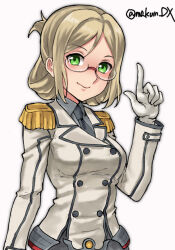 Rule 34 | 1girl, breasts, buttons, collared shirt, double-breasted, epaulettes, folded ponytail, glasses, gloves, green eyes, grey shirt, highres, index finger raised, jacket, kantai collection, katori (kancolle), light brown hair, long hair, looking at viewer, maakun (makun dx), medium breasts, military, military uniform, one-hour drawing challenge, parted bangs, shirt, simple background, solo, twitter username, uniform, upper body, white background, white gloves
