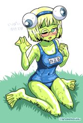 Rule 34 | 10s, 1girl, anura (monster musume), blush, breasts, colored skin, covered navel, frog girl, full body, glasses, grass, green eyes, green hair, green skin, headband, matching hair/eyes, monster girl, monster musume no iru nichijou, monster musume no iru nichijou online, one-piece swimsuit, one eye closed, school swimsuit, shake-o, simple background, sitting, solo, swimsuit, text focus, translation request, twitter username, wariza, waving, webbed feet, webbed hands, wet, white background