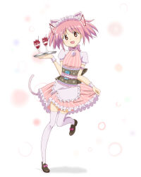Rule 34 | 1girl, animal ears, cat ears, full body, kaname madoka, kinfuji, looking at viewer, mahou shoujo madoka magica, maid, open mouth, pink eyes, pink hair, short sleeves, short twintails, smile, solo, twintails