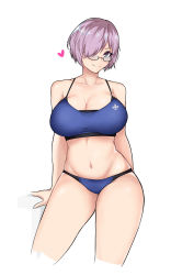 Rule 34 | 1girl, absurdres, bad id, bad pixiv id, bikini, breasts, cleavage, cropped legs, fate/grand order, fate (series), glasses, hair over one eye, heart, highres, intruder (1391685345), large breasts, looking at viewer, mash kyrielight, navel, purple eyes, short hair, simple background, solo, sports bra, swimsuit, white background