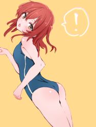 Rule 34 | !, 1girl, alternate costume, ass, bare arms, blue one-piece swimsuit, blush, bocchi the rock!, breasts, commentary request, double-parted bangs, from side, green eyes, hair between eyes, head tilt, highres, kita ikuyo, looking at viewer, medium breasts, medium hair, one-piece swimsuit, one side up, open mouth, red hair, solo, spoken exclamation mark, swimsuit, thighs, ukitaryu, yellow background