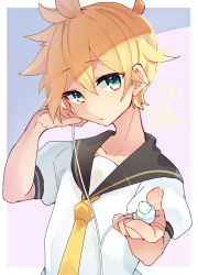 Rule 34 | 1boy, absurdres, aqua eyes, artist name, bad id, bad pixiv id, black sleeves, bow, closed mouth, detached sleeves, earphones, eyes visible through hair, hair between eyes, hand up, highres, holding, holding earphones, kagamine len, kusunokimizuha, light blush, looking at viewer, multicolored eyes, necktie, pink background, puffy short sleeves, puffy sleeves, sailor collar, sailor shirt, shirt, short hair, short sleeves, signature, simple background, single earphone removed, solo, spiked hair, upper body, vocaloid, white shirt, yellow eyes, yellow necktie