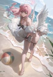 Rule 34 | 1girl, angel wings, ball, beach, beachball, bikini, black bow, black scrunchie, blue archive, bow, breasts, cleavage, commentary, detached sleeves, feathered wings, feathers, frilled sleeves, frills, green eyes, hair bun, halo, highres, hy (hem oo), lace trim, large breasts, long hair, looking at viewer, low wings, mika (blue archive), ocean, pink hair, pink halo, scrunchie, side-tie bikini bottom, single side bun, swimsuit, symbol-only commentary, thigh strap, white bikini, white wings, wing ornament, wings, wrist scrunchie