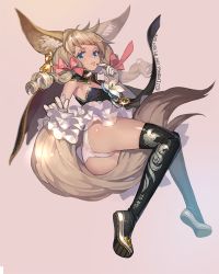 Rule 34 | 1girl, 2015, animal ears, artist name, ass, bare shoulders, black thighhighs, blue eyes, boots, bow, breasts, brown hair, dark-skinned female, dark skin, dated, detached sleeves, drill hair, drill sidelocks, earrings, eyelashes, finger to mouth, flower, frilled skirt, frills, gloves, hair bow, hand up, jewelry, kanojjang, lace, lace-trimmed panties, lace trim, long hair, looking at viewer, lying, on side, original, panties, pantyshot, petticoat, pink bow, sidelocks, simple background, single earring, skirt, small breasts, solo, tail, thigh boots, thighhighs, underwear, white gloves, white panties