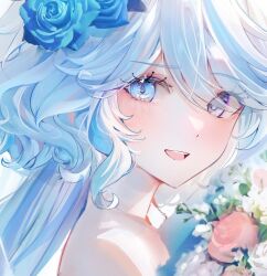 Rule 34 | 1girl, blue eyes, blue flower, blue hair, blush, bouquet, dasha, flower, furina (genshin impact), genshin impact, highres, holding, holding bouquet, long hair, looking at viewer, open mouth, simple background, smile, teardrop