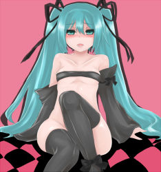 Rule 34 | 1girl, arm support, bad id, bad pixiv id, bandeau, bare shoulders, black thighhighs, blush, bottomless, bow, breasts, collarbone, convenient leg, detached sleeves, female focus, green eyes, green hair, hair between eyes, hair ribbon, hatsune miku, knee up, legs, long hair, looking at viewer, matching hair/eyes, no panties, open mouth, pink background, ribbon, ruuku (azukieru), shy, simple background, sitting, sleeves past wrists, small breasts, solo, strapless, thighhighs, tube top, twintails, very long hair, vocaloid