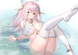 Rule 34 | 1girl, anklet, arm support, bikini, blush, bracelet, breasts, breasts apart, closed mouth, commentary request, commission, dripping, elf, eyes visible through hair, feet, feet up, foot out of frame, green eyes, halo, head wings, highres, jewelry, large breasts, long hair, looking at viewer, no shoes, original, partially submerged, pink hair, pixiv commission, pointy ears, sidelocks, smile, soles, solo, sora 72-iro, swimsuit, thighhighs, two side up, water, wet, white bikini, white thighhighs, wings