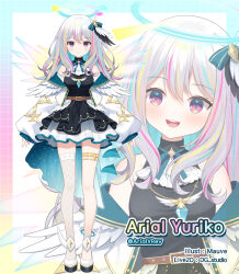 Rule 34 | 1girl, :d, artist name, bare shoulders, black dress, blonde hair, blue hair, blue wings, character name, closed mouth, commentary request, detached wings, dress, gradient wings, grey hair, hair between eyes, halo, head tilt, jacket, long hair, long sleeves, mauve, multicolored hair, multicolored wings, multiple views, mythic live, off shoulder, open clothes, open jacket, open mouth, puffy long sleeves, puffy sleeves, purple eyes, purple hair, ryuushi aria, shoes, single thighhigh, sleeveless, sleeveless dress, sleeves past wrists, smile, streaked hair, teeth, thighhighs, upper teeth only, virtual youtuber, white footwear, white jacket, white thighhighs, wings, yellow wings