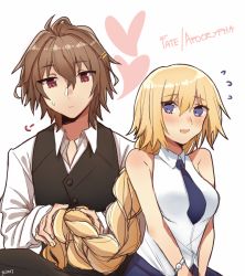 Rule 34 | 1boy, 1girl, ahoge, blonde hair, blue eyes, blush, book, brown hair, couple, dress, fate/apocrypha, fate/grand order, fate (series), jeanne d&#039;arc (fate), jeanne d&#039;arc (ruler) (fate), long hair, non-web source, red eyes, rrin reena, sieg (fate), simple background, source request, white background