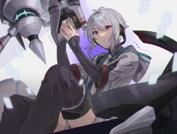Rule 34 | 1boy, black shirt, black thighhighs, boots, coat, double-parted bangs, drone, eiyuu densetsu, fio (eiyuu densetsu), grey background, grey coat, grey hair, grey necktie, hair between eyes, holding, holding weapon, hood, hoodie, kuro no kiseki, long sleeves, necktie, non-humanoid robot, open clothes, open coat, purple eyes, quatre salision, robot, shirt, short hair, sidelocks, sleeves past wrists, thigh boots, thighhighs, weapon, youmicitrustea