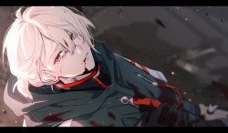 Rule 34 | 1boy, bishounen, blonde hair, blood, blood on face, doran (doran7280), glint, highres, hood, hood down, idolish7, letterboxed, light particles, light rays, low ponytail, male focus, natsume minami, red eyes, sparkle, v-shaped eyebrows