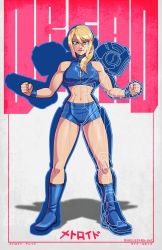 Rule 34 | 1girl, abs, arm cannon, biceps, blonde hair, blue eyes, blue footwear, blue shorts, boots, character profile, clenched hand, crop top, derivative work, english text, full body, height, helmet, highres, looking at viewer, measurements, metroid, metroid dread, mike luckas, nintendo, samus aran, short shorts, shorts, solo, standing, toned, translation request, weapon, weight, x-ray