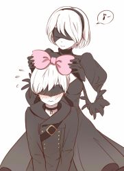 Rule 34 | 1boy, 1girl, black hairband, blindfold, blush, couple, covered eyes, feather-trimmed sleeves, hair ribbon, hairband, highres, mole, mole under mouth, nier (series), nier:automata, ribbon, short hair, white hair, 2b (nier:automata), 9s (nier:automata)
