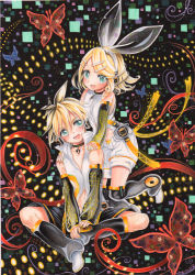 Rule 34 | 1boy, 1girl, abstract background, alternate costume, artist name, bass clef, blonde hair, blue eyes, bow, brother and sister, bug, butterfly, choker, collarbone, dated, hair bow, hair ornament, hairclip, hands on shoulders, happy, headset, bug, kagamine len, kagamine rin, looking at viewer, midriff, mosho, multicolored hair, navel, short hair, siblings, signature, smile, traditional media, treble clef, twins, vocaloid