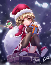 ! 1boy 1girl 1other black_thighhighs blush blush_stickers brown_eyes brown_hair chimney christmas closed_mouth confetti dot_nose english_text gloves hair_ornament hat hidamari_sketch holding long_sleeves looking_at_viewer merry_christmas night panties party_popper pink_panties pink_striped_panties reindeer rudolph_the_red_nosed_reindeer santa_claus santa_hat santa_sack short_hair slippers snow snowing striped_clothes striped_panties thighhighs ume-sensei underwear x_hair_ornament yuno_(hidamari_sketch)