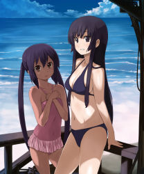 Rule 34 | 00s, 2girls, :o, akiyama mio, arm support, beach, bikini, black bikini, black hair, blunt bangs, casual one-piece swimsuit, covered navel, day, frilled swimsuit, frills, grin, hime cut, imo works, k-on!, long hair, multiple girls, nakano azusa, navel, ocean, one-piece swimsuit, outdoors, pink one-piece swimsuit, railing, smile, swimsuit, tan, twintails, water