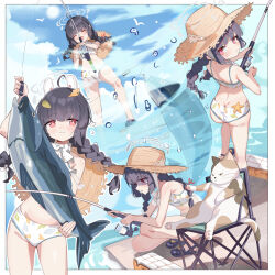 Rule 34 | :3, animal, ass, bikini, black footwear, black hair, blue archive, blunt bangs, braid, cat, chair, closed eyes, closed mouth, cloud, crocs, day, etoile, fish, fishing, fishing rod, halo, hat, hat on back, holding, holding fishing rod, leaf print, long hair, miyu (blue archive), miyu (swimsuit) (blue archive), multiple views, open mouth, outdoors, red eyes, shaded face, sky, squatting, standing, starfish, straw hat, swimsuit, twin braids, water, water drop