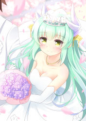Rule 34 | 1boy, 1girl, absurdres, blush, bouquet, breasts, cleavage, closed mouth, collarbone, dress, elbow gloves, fate/grand order, fate (series), flower, gloves, green hair, heracles (fate), highres, holding, holding bouquet, horns, ikazu401, kiyohime (fate), large breasts, long hair, looking at viewer, smile, tiara, wedding dress, white gloves, yellow eyes