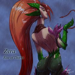 Rule 34 | 1girl, ass, bare shoulders, character name, leaf, league of legends, long hair, monster girl, plant, rain, ranger squirrel, red hair, solo, vines, zyra