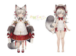 Rule 34 | 1girl, animal ear fluff, animal ears, bandaid, bandaid on knee, bandaid on leg, barefoot, blue eyes, blush, bow, bowtie, character name, closed mouth, covered navel, detached sleeves, douya (233), dress, fox ears, fox girl, fox tail, frilled one-piece swimsuit, frilled socks, frills, full body, grey hair, indie virtual youtuber, long sleeves, looking at viewer, mary janes, multiple views, official art, one-piece swimsuit, pleated dress, red bow, red bowtie, red dress, red footwear, saionji chouchou, shoes, simple background, sleeves past fingers, sleeves past wrists, socks, standing, straight-on, swimsuit, tachi-e, tail, thick eyebrows, virtual youtuber, white background, white one-piece swimsuit, white socks